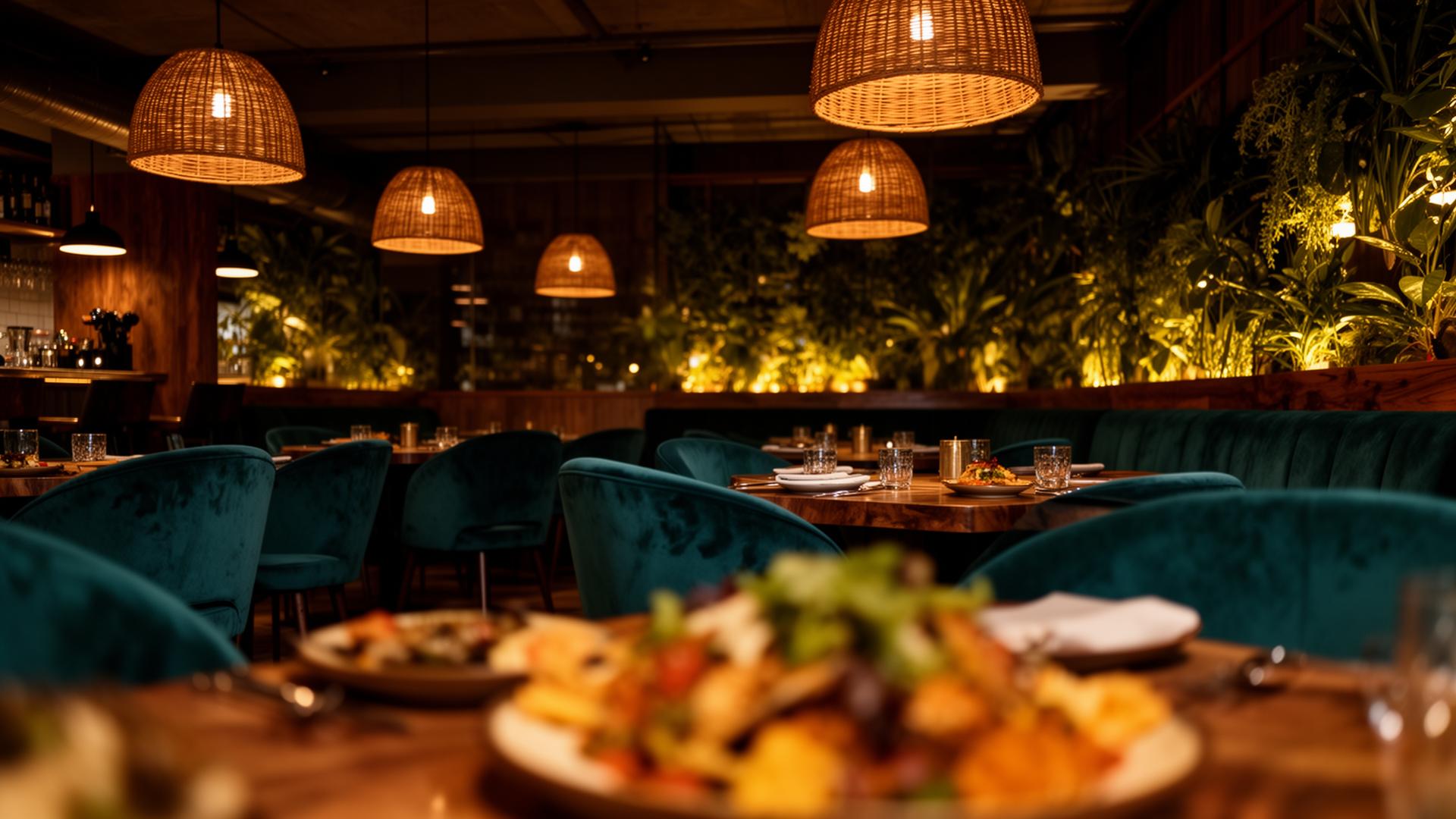 Warm interior of Tasteera restaurant with rattan lamps and teal chairs